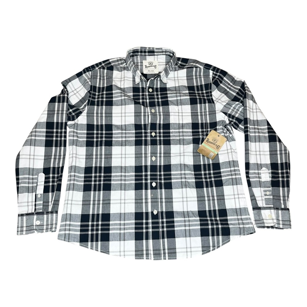 Roebuck & Co Mens XL Plaid Button Down Shirt Long Sleeve Black White‎ Grey NWT